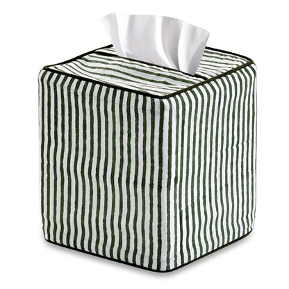 Tissue box cover with green and white stripes on a white background