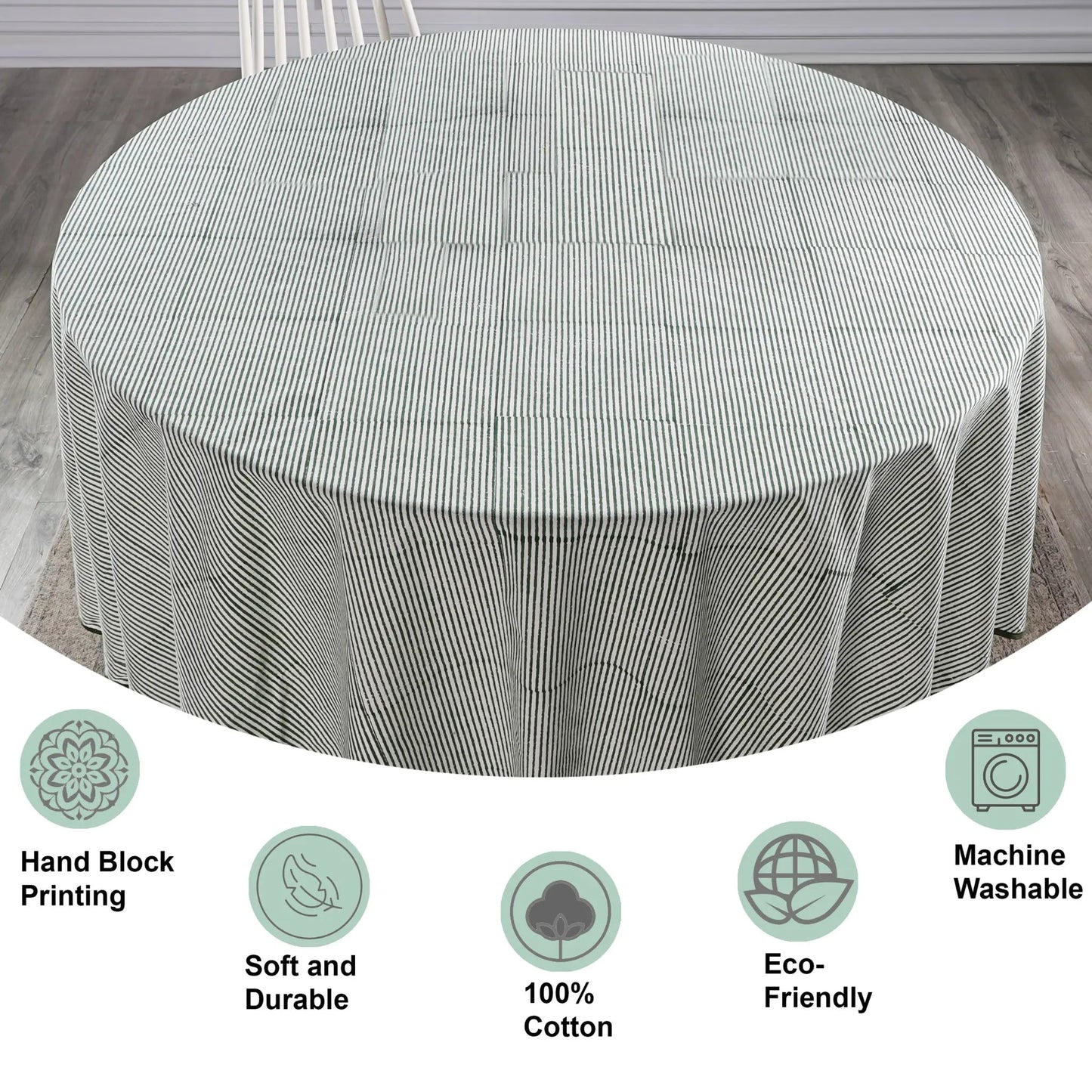 Round table with a striped tablecloth on a wooden floor, featuring icons and text about product features.