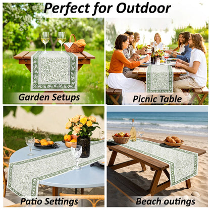 Table runner used in various outdoor settings including garden, picnic table, patio, and beach.