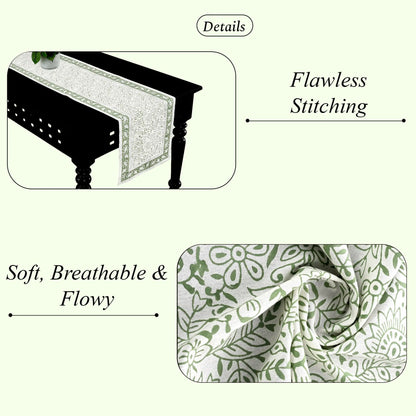 Table runner with floral pattern and text highlighting 'Flawless Stitching' and 'Soft, Breathable & Flowy'.