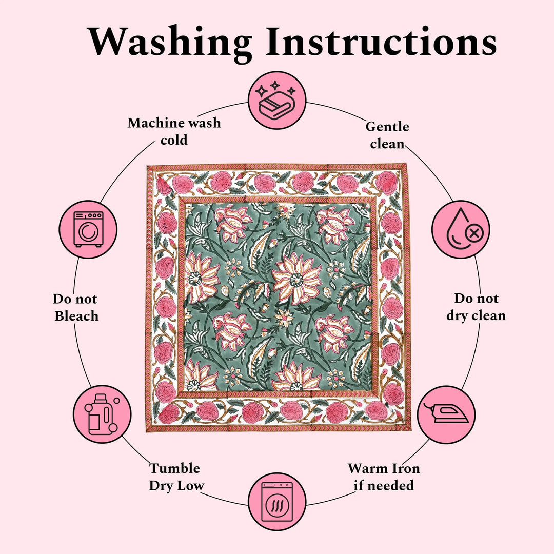 Washing instructions for a floral fabric with icons and text on a pink background