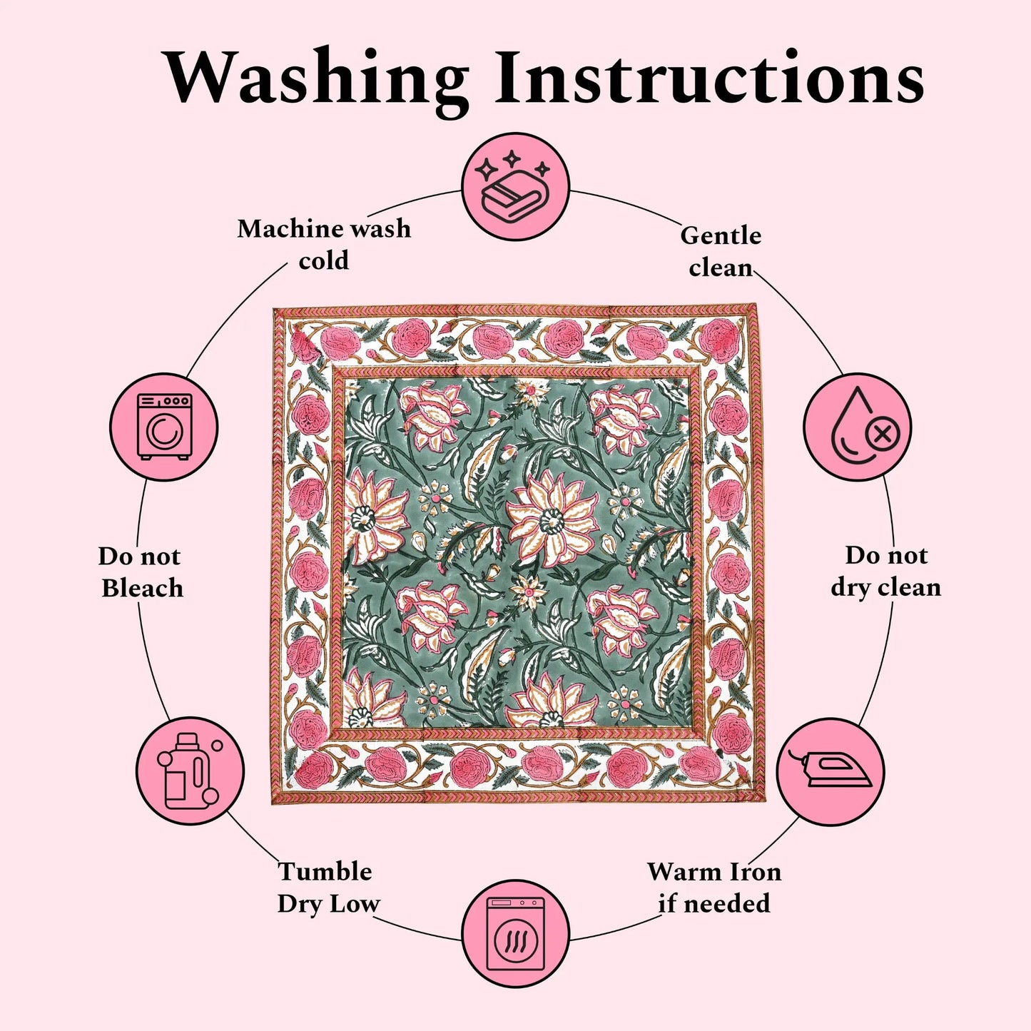 Washing instructions for a floral fabric with icons and text on a pink background