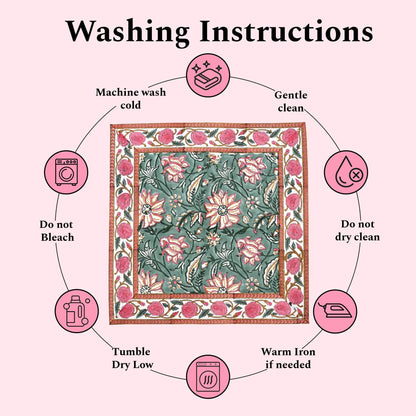 Washing instructions for a floral fabric with icons and text on a pink background