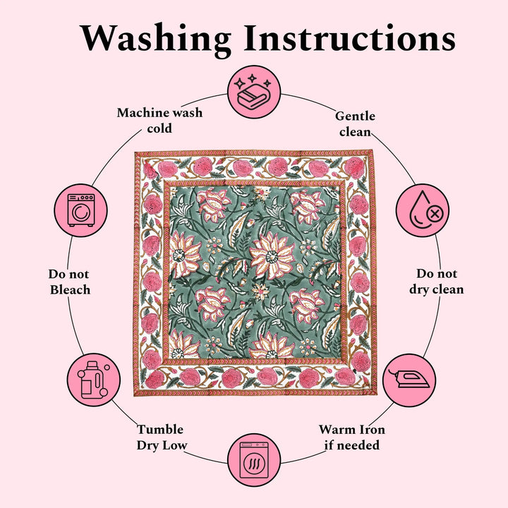 Washing instructions for a floral fabric with icons and text on a pink background