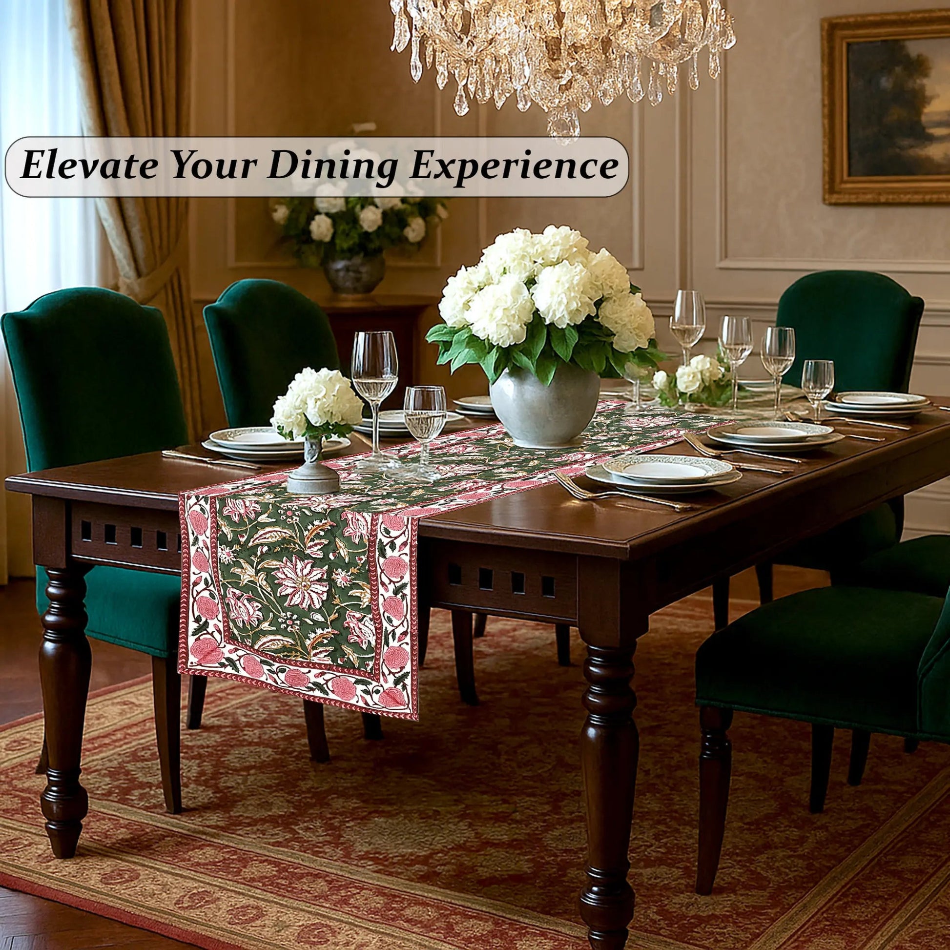 Dining room with a table set for dinner, flowers, and a chandelier.