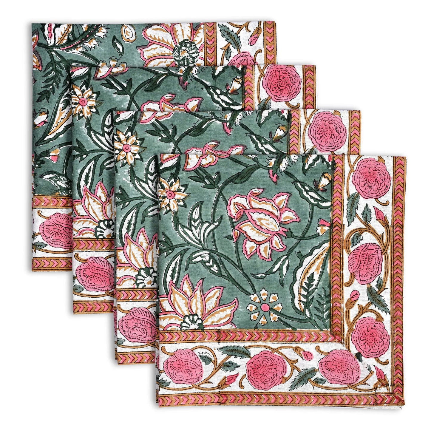 Set of floral patterned napkins with pink and green colors on a white background
