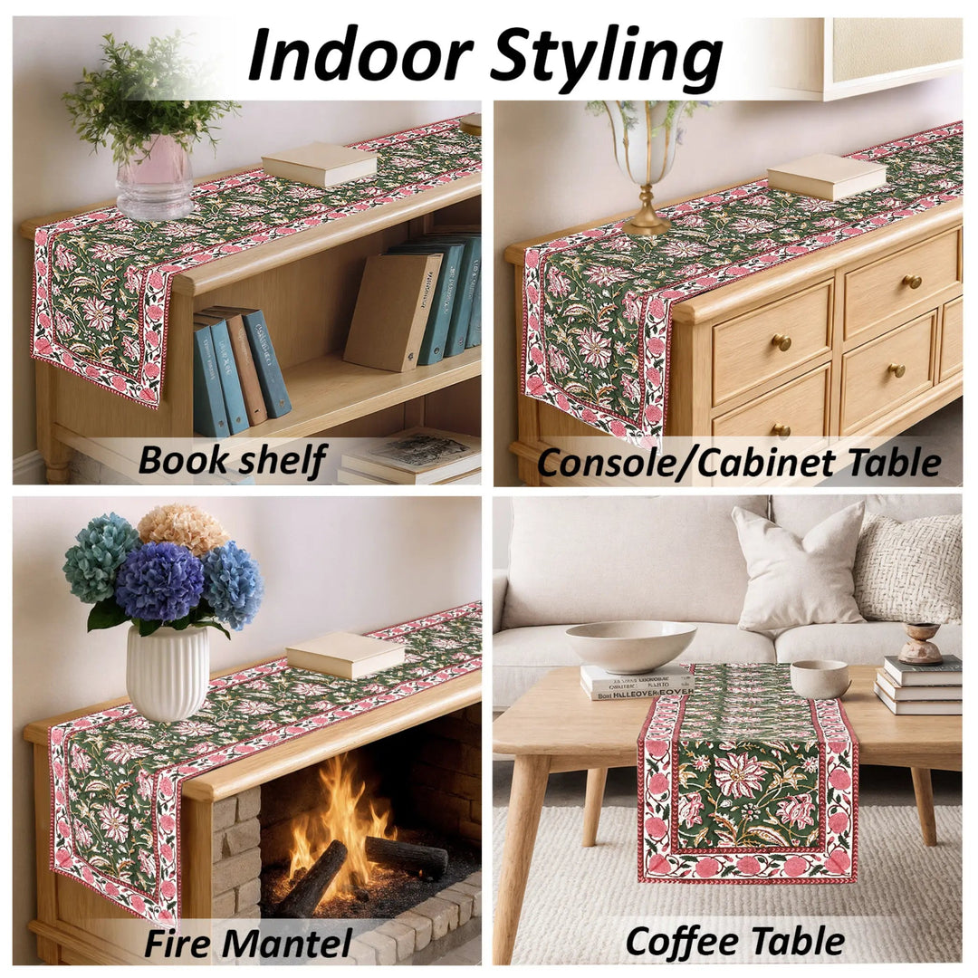 Floral table runner displayed on various furniture pieces with text &