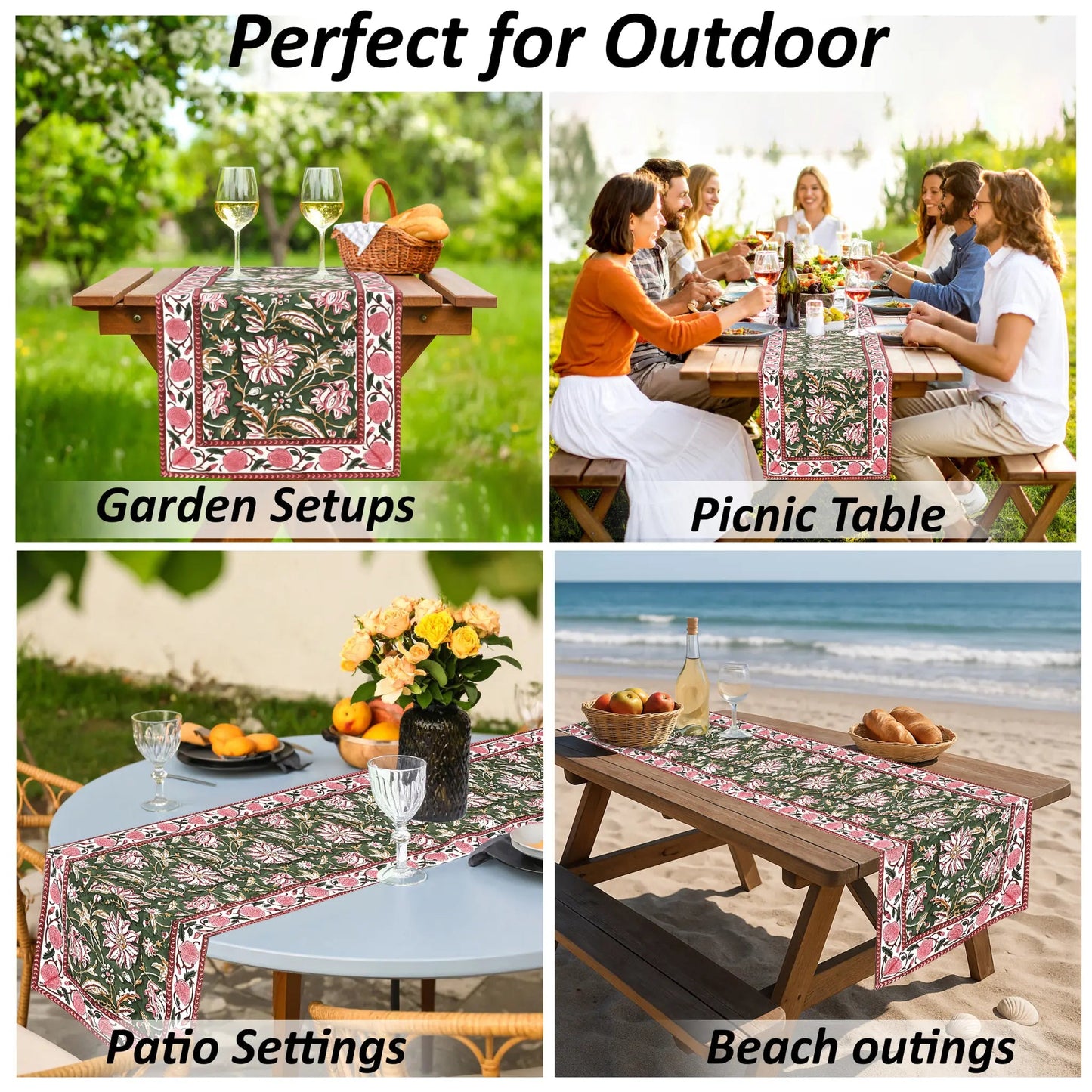 Table runner with floral design used in various outdoor settings including garden, picnic, patio, and beach.
