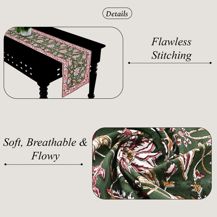 Table runner with floral pattern on a table, highlighting &