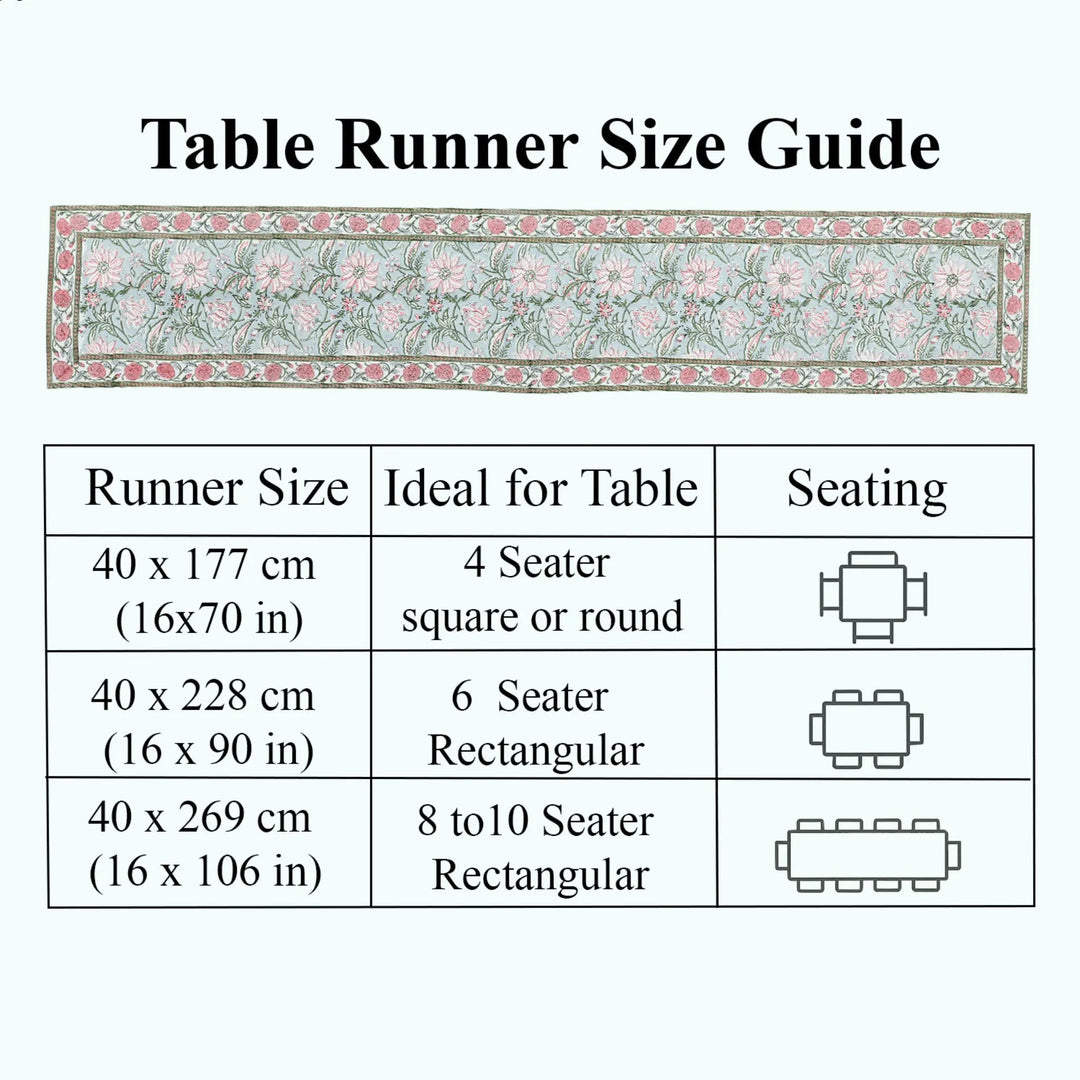 Table runner size guide with floral design and table seating illustrations.