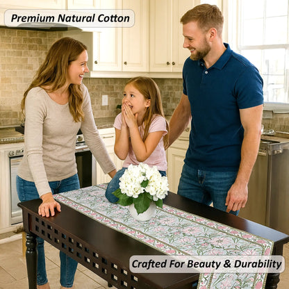 Family in a kitchen with a table runner featuring premium natural cotton.