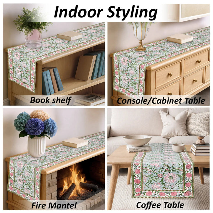 Floral table runner displayed on various furniture pieces with text &