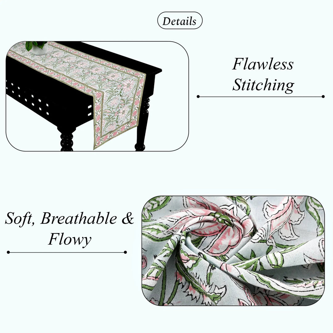 Floral table runner on a black table with text highlighting &