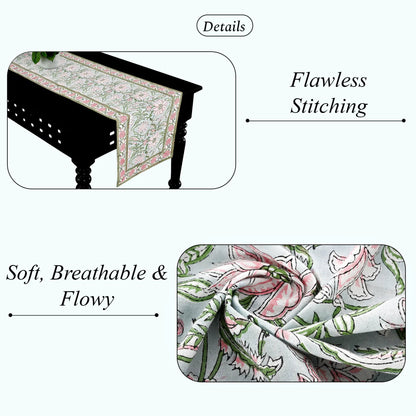 Floral table runner on a black table with text highlighting 'Flawless Stitching' and 'Soft, Breathable & Flowy'.