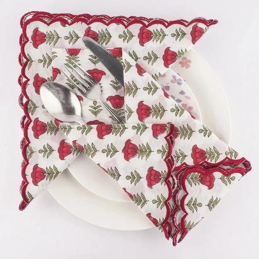 Apple and Cherry Red Scallop Embroidery Napkins