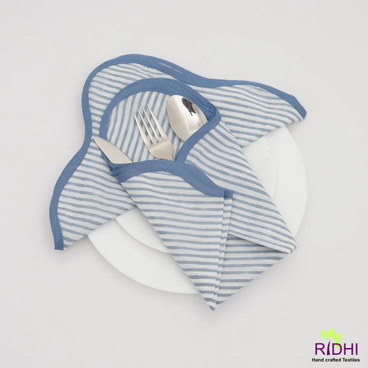 Green, Blue, Mustard Stripes India Print 100% Pure Cotton Cloth Napkins