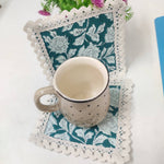 Block printed Coaster Set, custom Coasters with Lace, Gift, Cats, Dining, Crocheted Coasters, Coffee, Tea, Kitchen, Home Decor