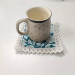 Block printed Coaster Set, custom Coasters with Lace, Gift, Cats, Dining, Crocheted Coasters, Coffee, Tea, Kitchen, Home Decor