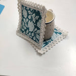 Block printed Coaster Set, custom Coasters with Lace, Gift, Cats, Dining, Crocheted Coasters, Coffee, Tea, Kitchen, Home Decor