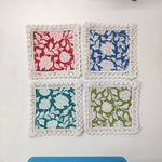 Block printed Coaster Set, custom Coasters with Lace, Gift, Cats, Dining, Crocheted Coasters, Coffee, Tea, Kitchen, Home Decor
