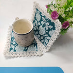 Block printed Coaster Set, custom Coasters with Lace, Gift, Cats, Dining, Crocheted Coasters, Coffee, Tea, Kitchen, Home Decor