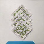 Block printed Coaster Set, custom Coasters with Lace, Gift, Cats, Dining, Crocheted Coasters, Coffee, Tea, Kitchen, Home Decor