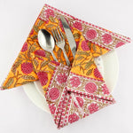 Gold Yellow and Mulberry Pink Indian Hand Block Floral Printed Size 20x20" Cotton Border Napkins