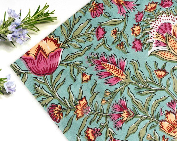 Turkish Blue, Fern Green Indian Hand Block Floral Printed Size 20x20" Cotton Border Napkins