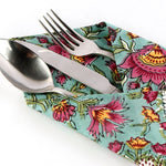 Turkish Blue, Fern Green Indian Hand Block Floral Printed Size 20x20" Cotton Border Napkins