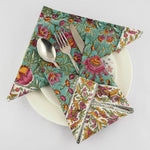 Turkish Blue, Fern Green Indian Hand Block Floral Printed Size 20x20" Cotton Border Napkins