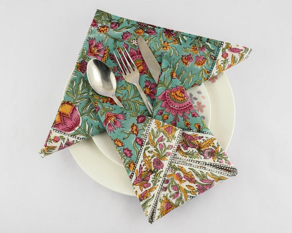 Turkish Blue, Fern Green Indian Hand Block Floral Printed Size 20x20" Cotton Border Napkins