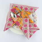 Tangerine Orange, Bubblegum Pink Indian Hand Block Floral Printed Cotton Cloth Napkins