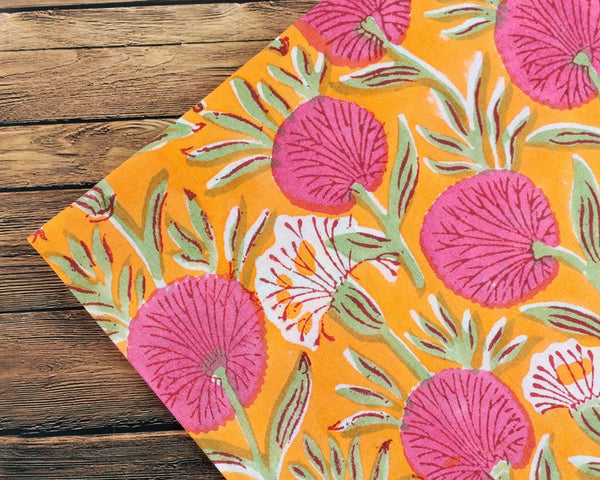 Tangerine Orange, Bubblegum Pink Indian Hand Block Floral Printed Cotton Cloth Napkins