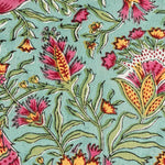 Turkish Blue, Fern Green Indian Hand Block Floral Printed Size 20x20" Cotton Border Napkins