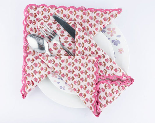 Punch Pink and Army Green Scallop Embroidery Napkins