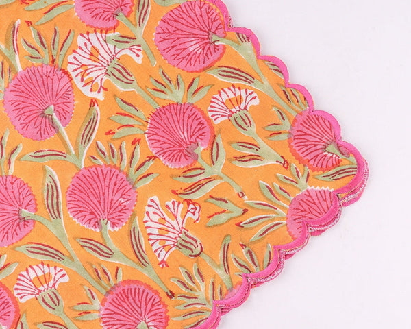 Tangerine Orange, Bubblegum Pink Scallop Embroidery Napkins
