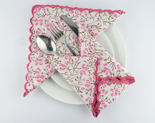 Taffy Pink, Pickle Green Scallop Embroidery Napkins