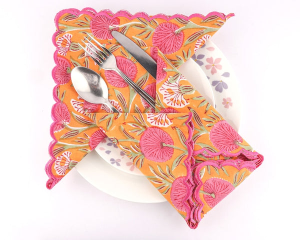 Tangerine Orange, Bubblegum Pink Scallop Embroidery Napkins