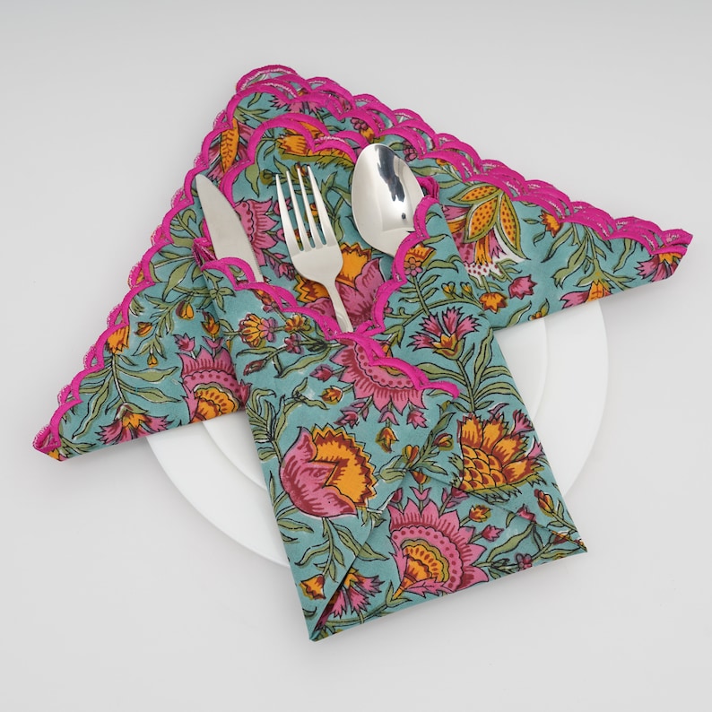 Turkish Blue and Golden Yellow Scallop Embroidery Napkins