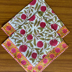 Gold Yellow and Mulberry Pink Hand Block Printed Size 20x20"Cotton Border Napkins