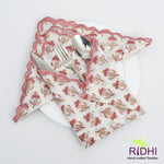 Rosewood and Sea Pink, Olive Green Indian Floral Hand Block Printed Pure Cotton Cloth Napkins