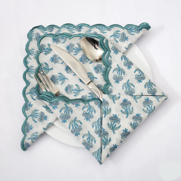 Carolina and Teal Blue Scallop Embroidery Napkins