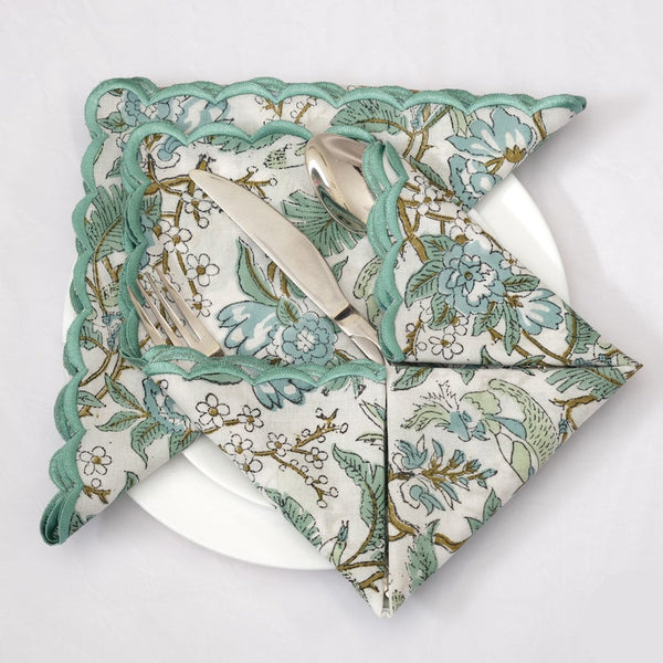 Russian Green, Peanut Brown Scallop Embroidery Napkins