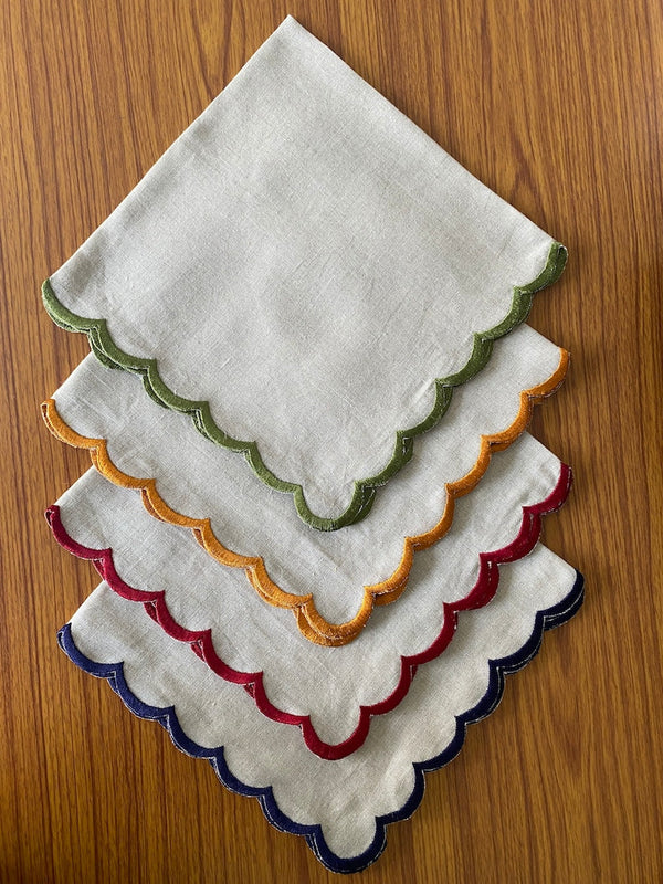 Natural Color Linen Napkins with Embroidery scallops