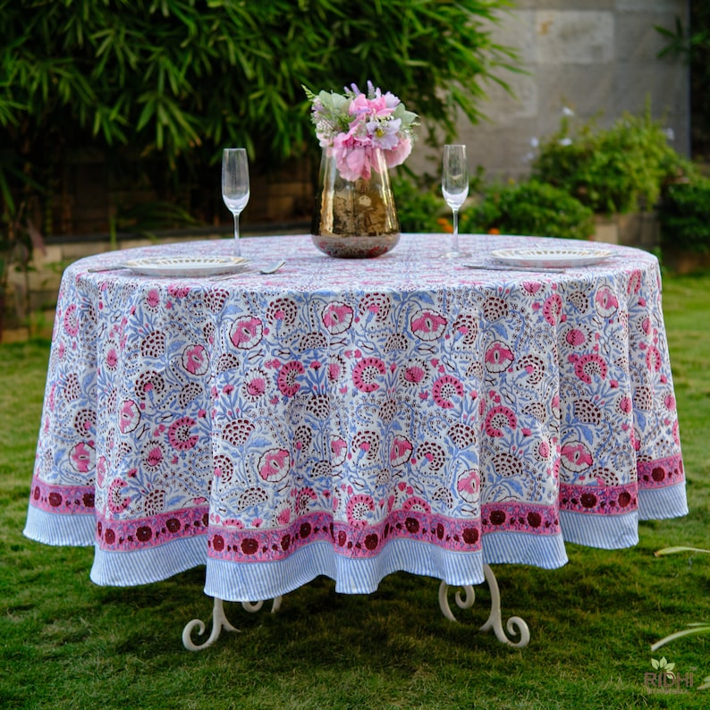Pigeon Blue and Flamingo Pink Round Tablecloth