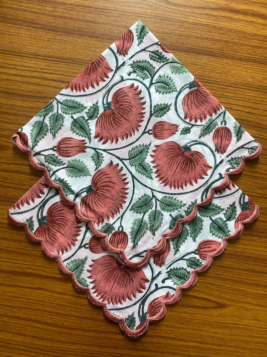 Coral and Turquoise Green Scallop Embroidery Napkins