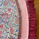 FABRICSG Pigeon Blue, Flamingo Pink Indian Floral Hand Block Printed Cotton Cloth Christmas Tree Skirt with Pom Pom Lace Farmhouse Outdoor Party, Gift for her, gifts