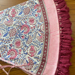 FABRICSG Pigeon Blue, Flamingo Pink Indian Floral Hand Block Printed Cotton Cloth Christmas Tree Skirt with Pom Pom Lace Farmhouse Outdoor Party, Gift for her, gifts