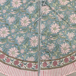 FABRICSG Ice Blue, Kelly Green, Flamingo Pink Indian Floral Hand Block Printed Cotton Cloth Christmas Tree Skirt, Farmhouse Party Holiday Decor, Valentine's day, Spring, Easter