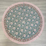 FABRICSG Ice Blue, Kelly Green, Flamingo Pink Indian Floral Hand Block Printed Cotton Cloth Christmas Tree Skirt, Farmhouse Party Holiday Decor, Valentine's day, Spring, Easter